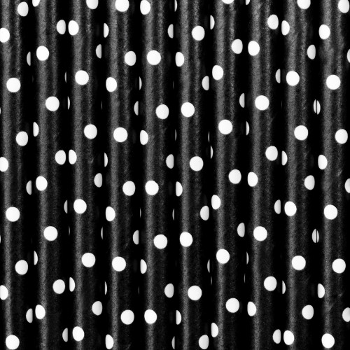 10 pajitas negras con lunares blancos de papel - Meow Party