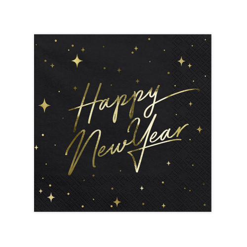 20 servilletas Fin de A&ntilde;o Happy New Year negras y doradas (33 x 33 cm) - New Year's Eve Collection