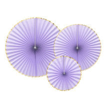 3 abanicos de papel decorativos lilas con borde dorado - Yum...