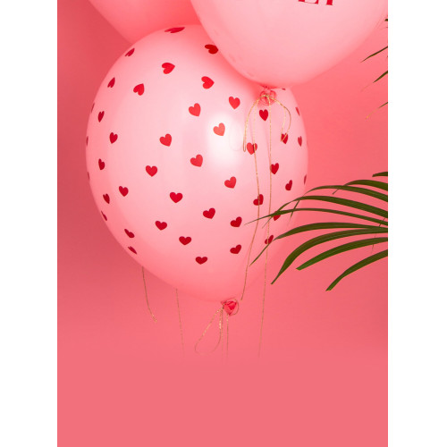 6 globos de l&aacute;tex rosas con corazones rojos (30 cm) - Valentine Collection