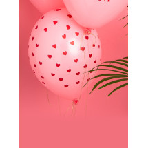 6 globos de l&aacute;tex rosas con corazones rojos (30 cm) - Valentine Collection