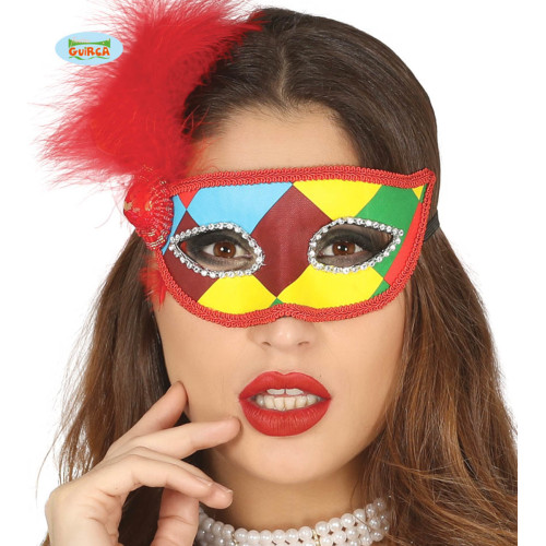 Antifaz de arlequ&iacute;n multicolor con pluma roja para adulto