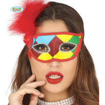 Antifaz de arlequín multicolor con pluma roja para adulto
