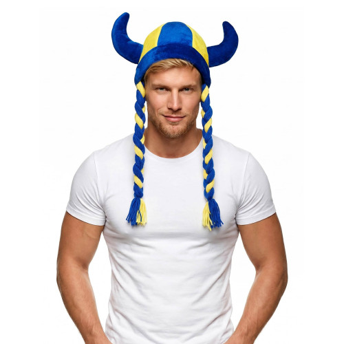 Casco de tela con cuernos y trenzas de hincha azul y amarillo Suecia