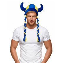Casco de tela con cuernos y trenzas de hincha azul y amarill...