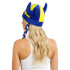 Casco de tela con cuernos y trenzas de hincha azul y amarillo Suecia