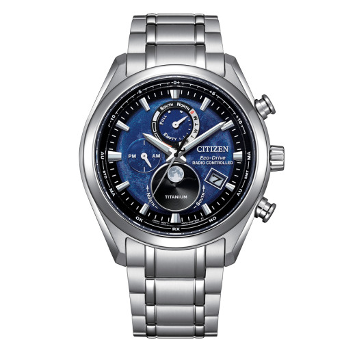 Citizen BY1010-81L reloj azul radiocontrolado fase lunar titanio hombre