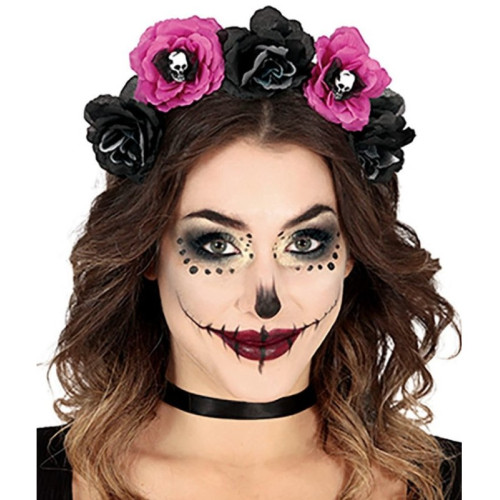 Diadema de Catrina con Flores Negras y Rosas