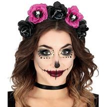 Diadema de Catrina con Flores Negras y Rosas