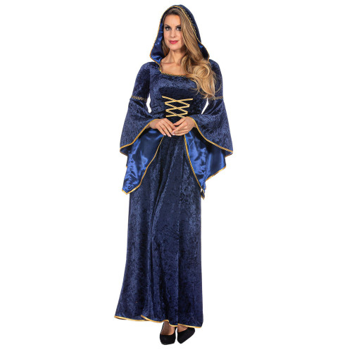 Disfraz de vestido medieval largo con capucha azul marino lujo mujer