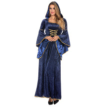 Disfraz de vestido medieval largo con capucha azul marino lu...