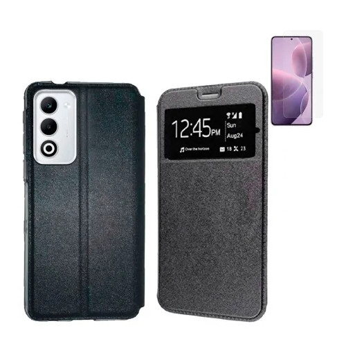 Funda Oppo A5 2025 (6.67) Negro Libro Ventana + Protector de Pantalla Cristal templado 9H