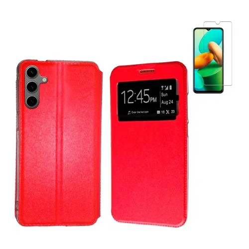 Funda Samsung Galaxy A17 5G (6.7) Rojo Libro Ventana + Protector de Pantalla Cristal templado 9H