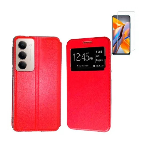 Funda Xiaomi Redmi 15 4G (6.9) Rojo Libro Ventana + Protector de Pantalla Cristal templado 9H