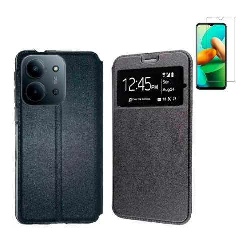 Funda Xiaomi Redmi 15C 4G - Poco C85 4G (6.9) Negro Libro Ventana + Protector de Pantalla Cristal templado 9H