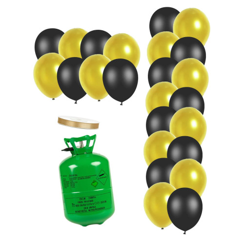 Kit de cilindro de helio con 12 globos negros 12 globos dorados y cinta
