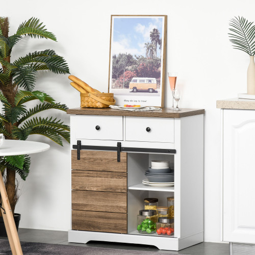 Mueble auxiliar Cross Homcom puerta corredera con botellero y 2 cajones blanco/natural 86x80x39 cm
