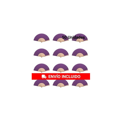 Original pack de 50 abanicos de madera natural tela color Morado