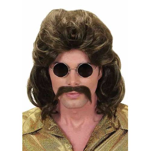 Peluca y Bigote hombre a&ntilde;os 70 casta&ntilde;a
