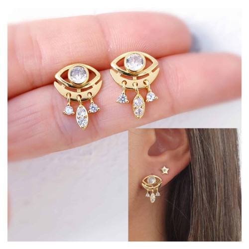 Pendientes ojos piedras de plata de ley con ba&ntilde;o de oro de 14 quilates