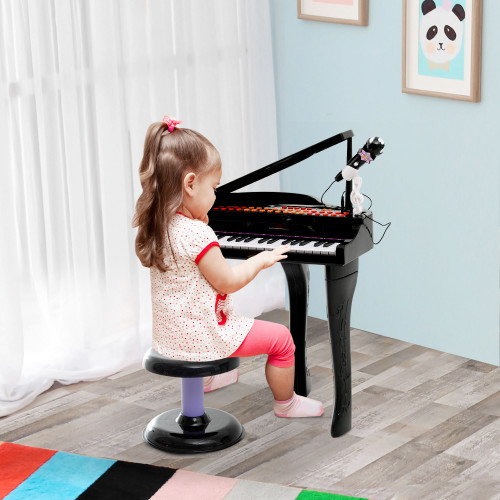 Piano infantil Mozart Homcom taburete + micr&oacute;fono + 22 canciones negro 69x48x39 cm
