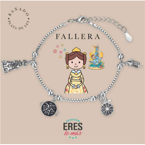 Pulsera eres lo m&aacute;s Fallera metal ba&ntilde;ado en plata con cuatro colgantes