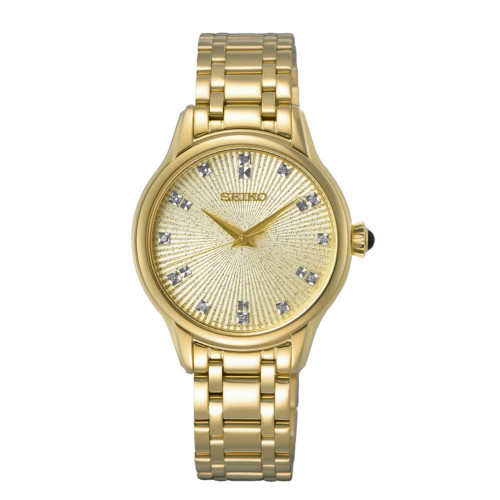 Reloj Seiko SRZ552P1 redondo dorado diamantes mujer